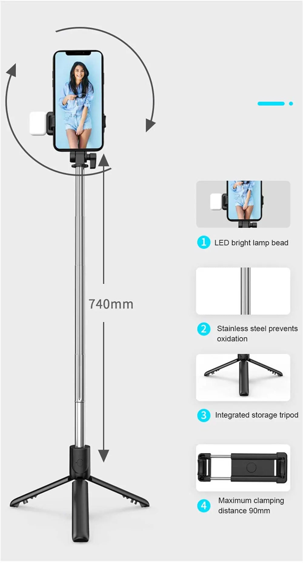 Bluetooth Selfie Stick Tripod with Remote & Fill Light