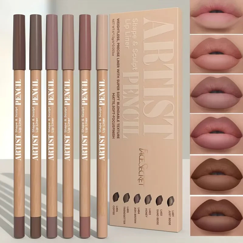 Velvet Matte Lip Liner Set — 6 Long-Lasting Pencils for All Skin Tones