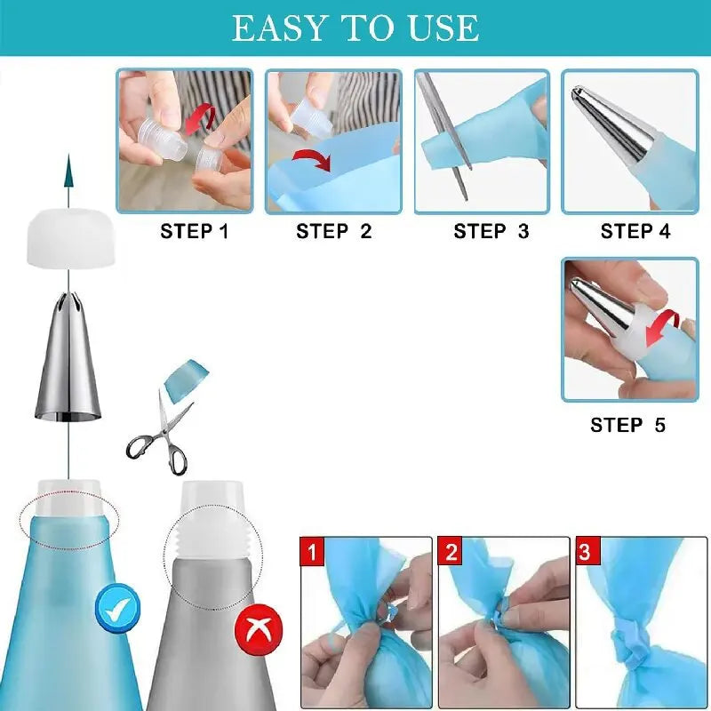 Reusable Silicone Piping Bags & Tips Set — Cake Decorating Kit