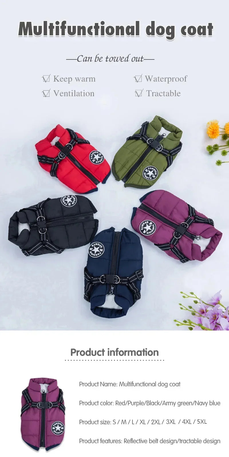 Waterproof Winter Dog Jacket with Harness