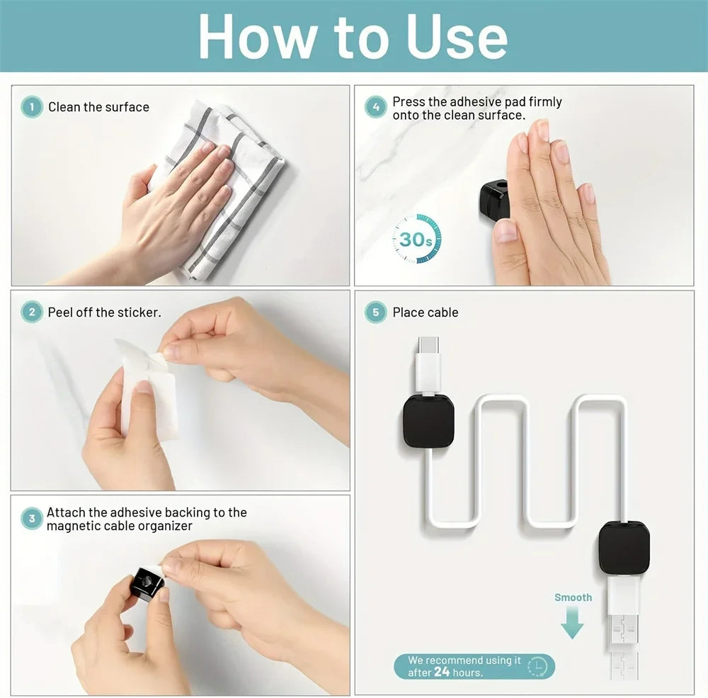 Magnetic Cable Organizer Clips — Wall-Mount Wire & Cord Holder for Desk & Home (1/3/6 pcs)