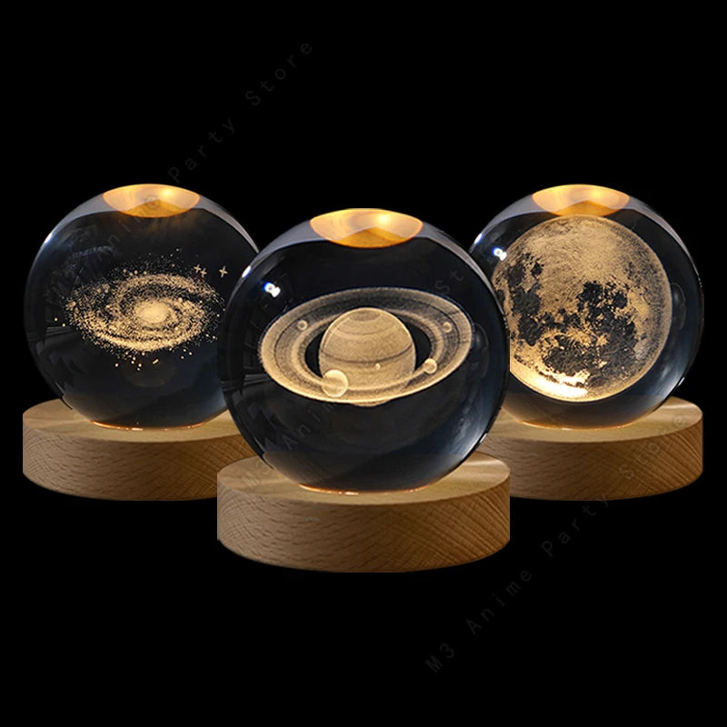 3D Crystal Ball Night Light — Galaxy & Planet Design (5cm)