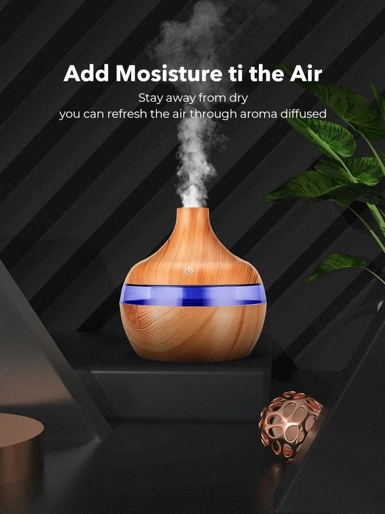 300ml Wood-Grain Ultrasonic Aroma Diffuser & Humidifier