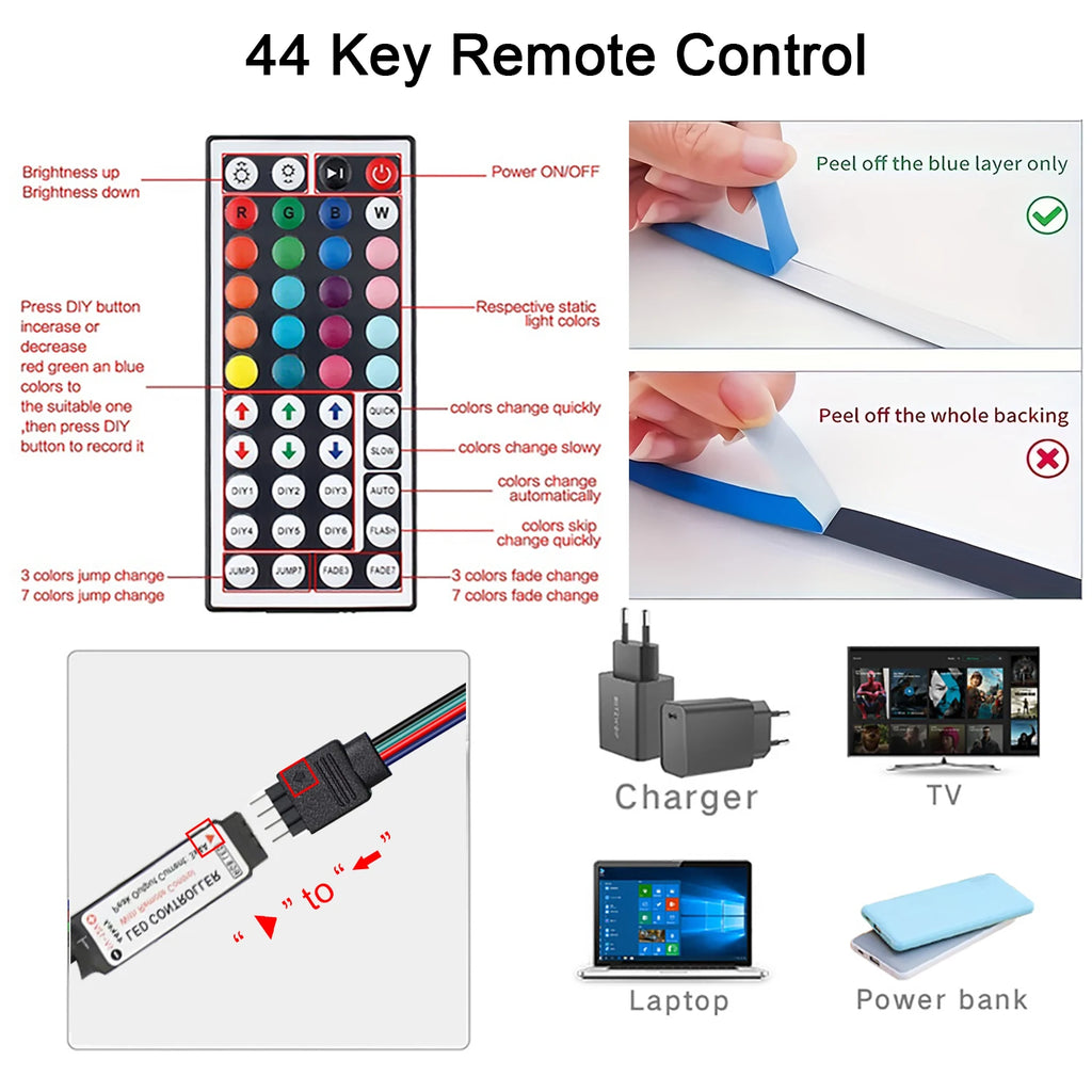 RGB LED Strip Lights with 44-Key Remote – Color Changing Accent Lighting for Kitchen, Bedroom & Home
