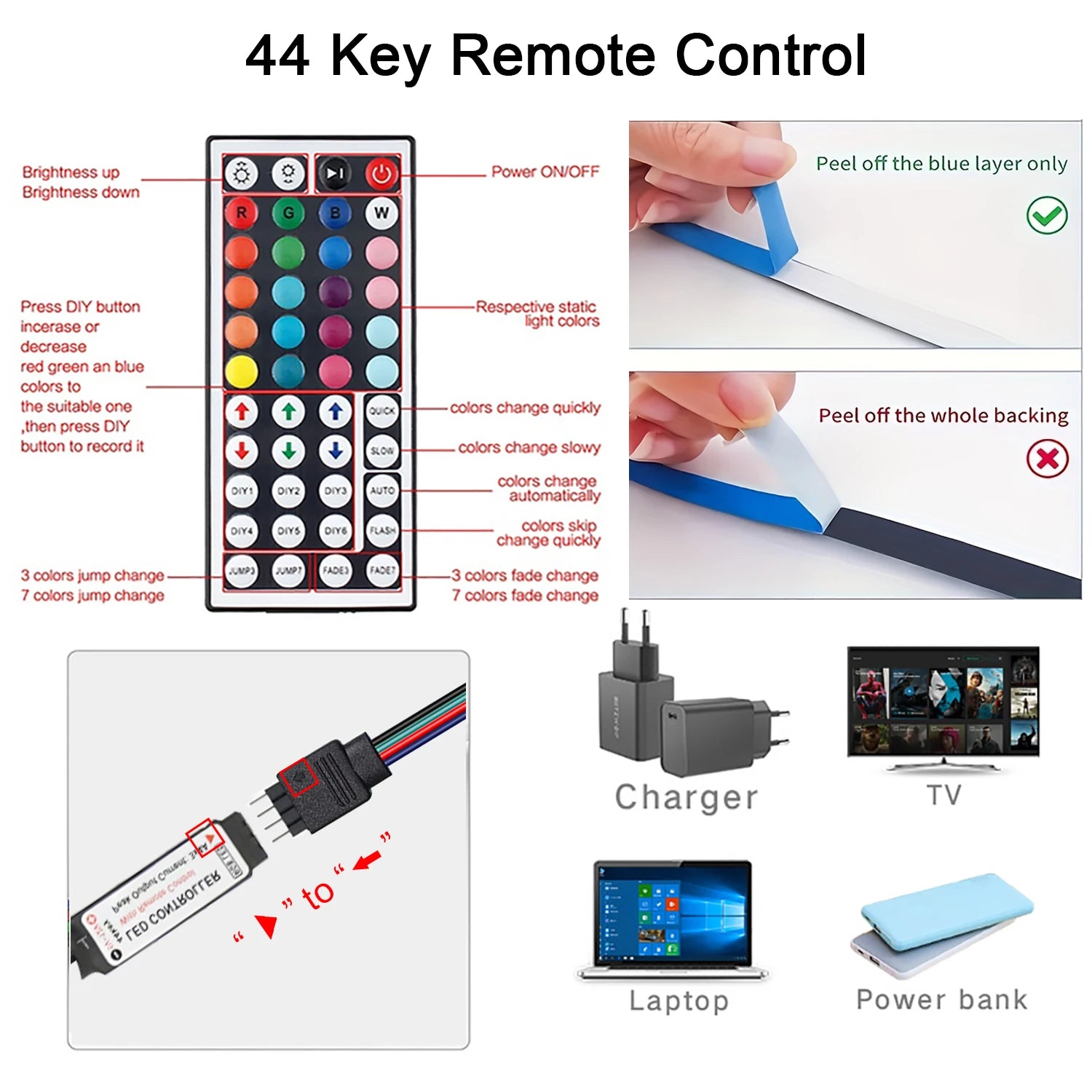 RGB LED Strip Lights with 44-Key Remote – Color Changing Accent Lighting for Kitchen, Bedroom & Home