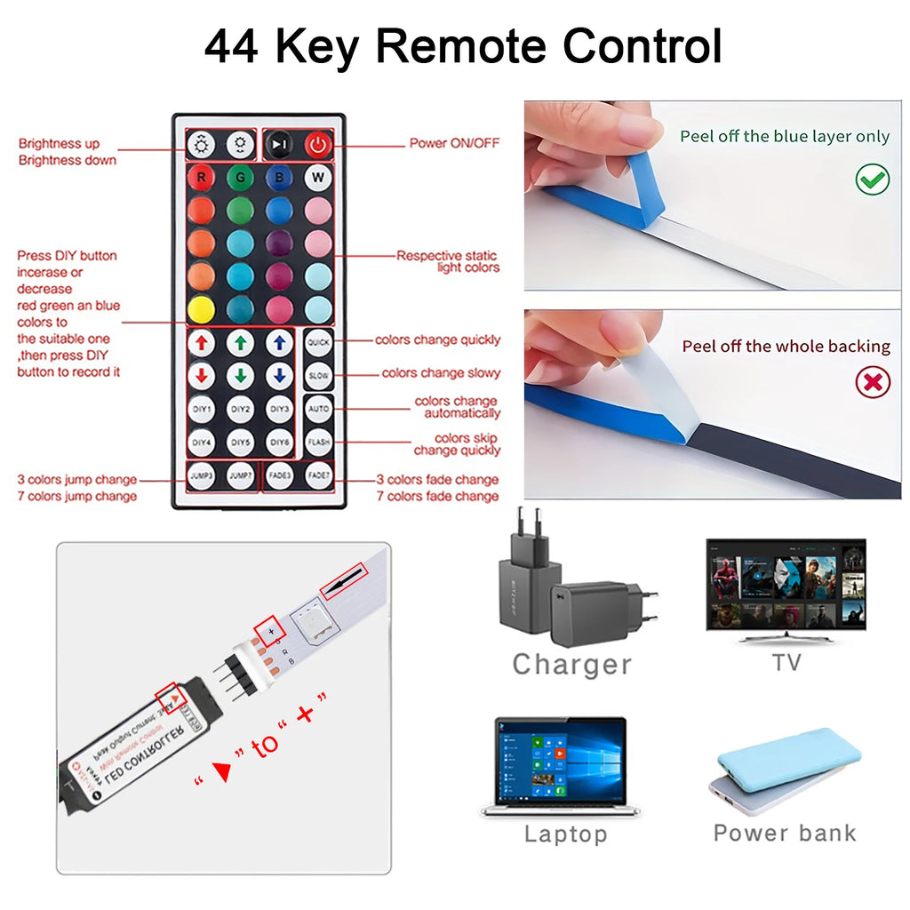 RGB LED Strip Lights with 44-Key Remote – Color Changing Accent Lighting for Kitchen, Bedroom & Home