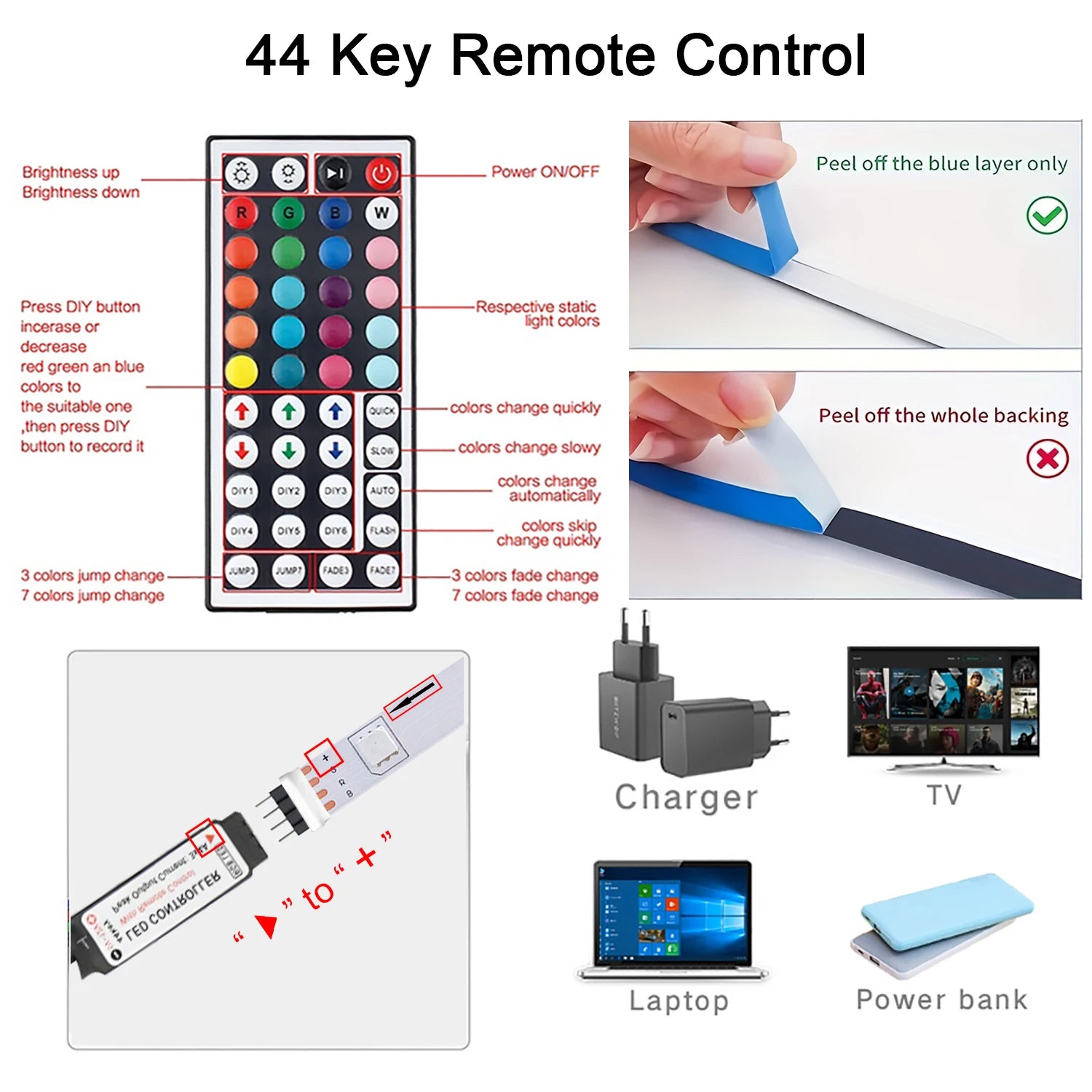 RGB LED Strip Lights with 44-Key Remote – Color Changing Accent Lighting for Kitchen, Bedroom & Home