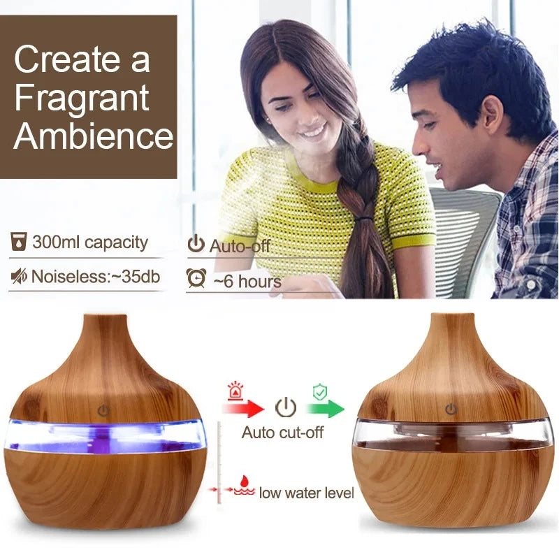 300ml Wood-Grain Ultrasonic Aroma Diffuser & Humidifier