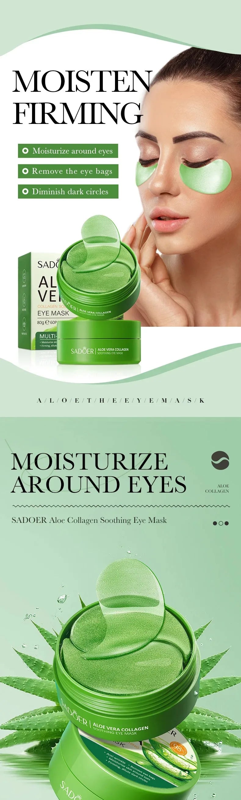 Aloe Vera & Collagen Eye Masks — 60 Patches for Dark Circles & Puffiness