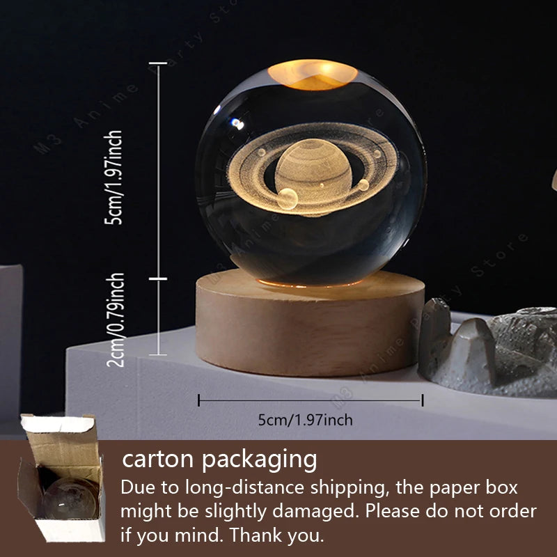 3D Crystal Ball Night Light — Galaxy & Planet Design (5cm)
