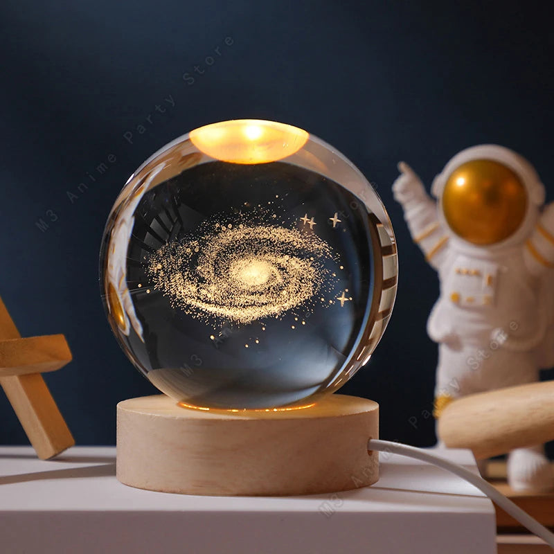 3D Crystal Ball Night Light — Galaxy & Planet Design (5cm)