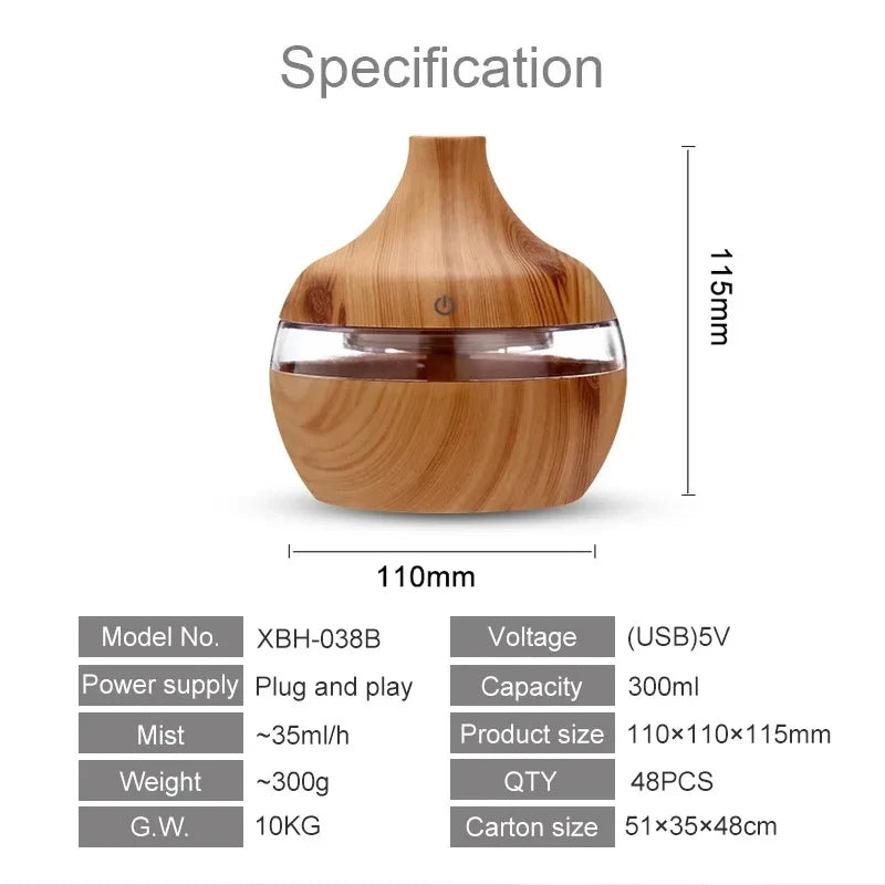 300ml Wood-Grain Ultrasonic Aroma Diffuser & Humidifier