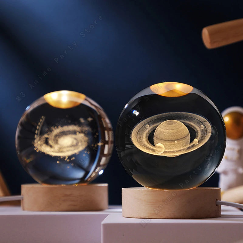 3D Crystal Ball Night Light — Galaxy & Planet Design (5cm)