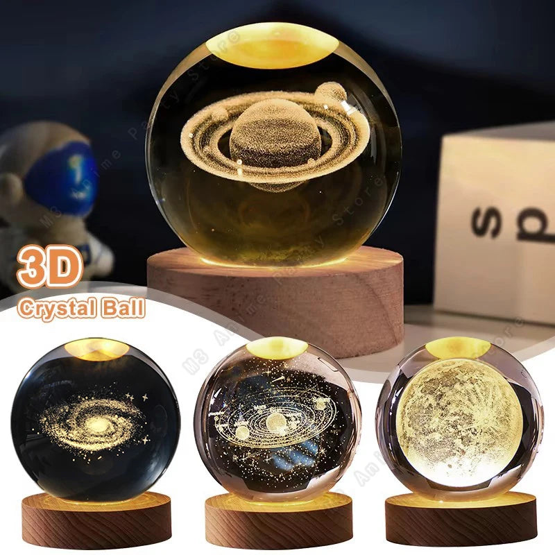 3D Crystal Ball Night Light — Galaxy & Planet Design (5cm)