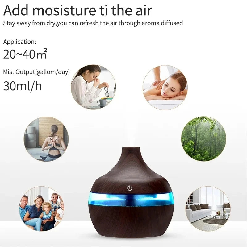 300ml Wood-Grain Ultrasonic Aroma Diffuser & Humidifier