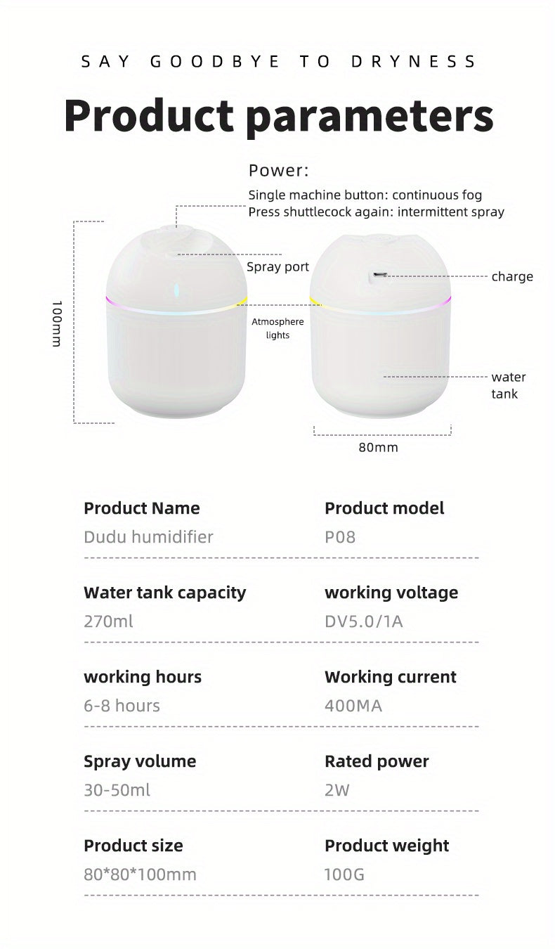 270ml USB Aroma Humidifier with LED Night Light & Auto Shut-Off